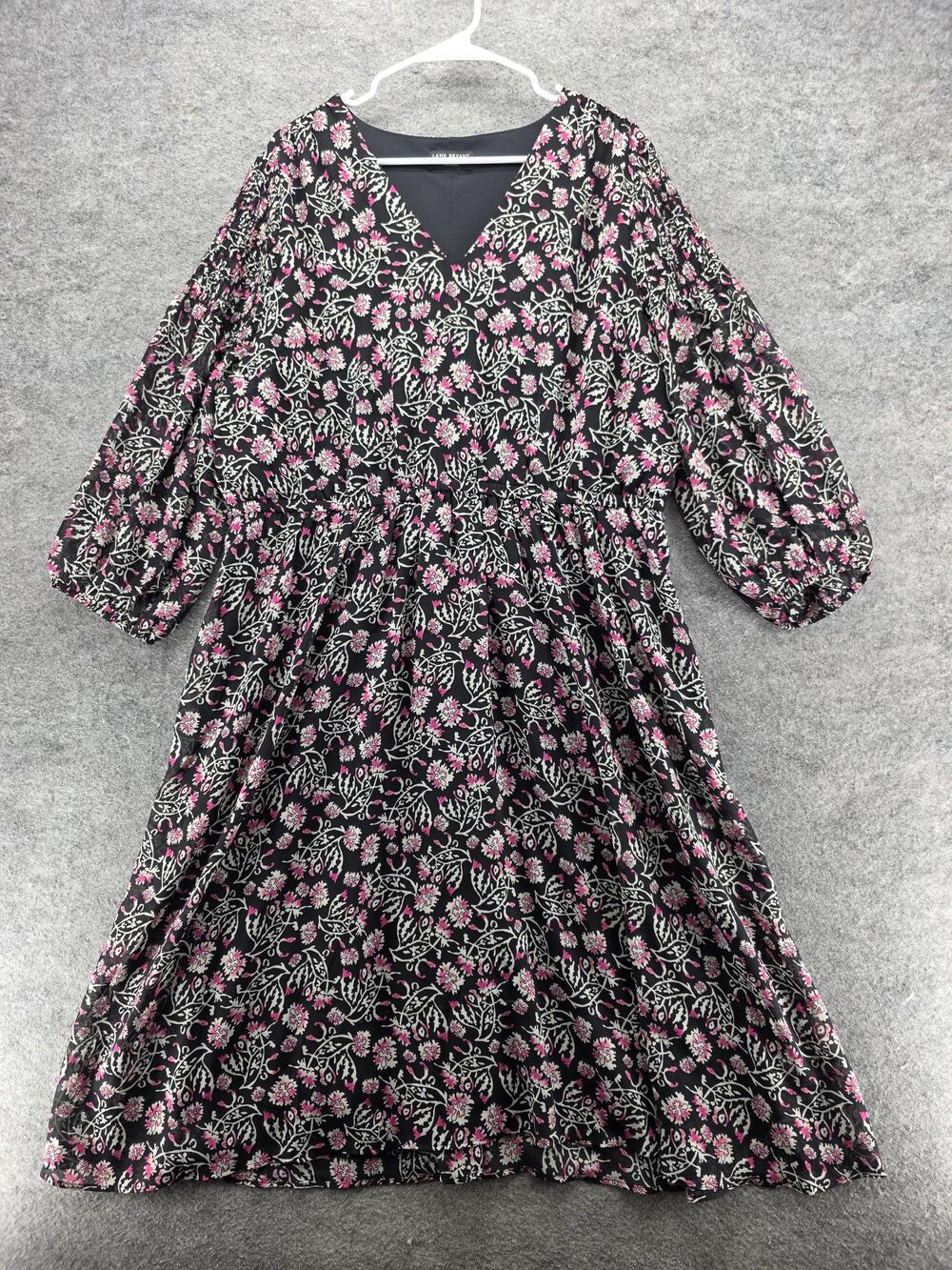 Lane Bryant Dress Womens 18 Black Pink Floral V Neck Midi Puff Sleeve Lined